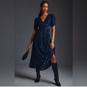 Anthropologie Hutch Cinch-Sleeve Velvet Dress  Maxi Blue NWT 8